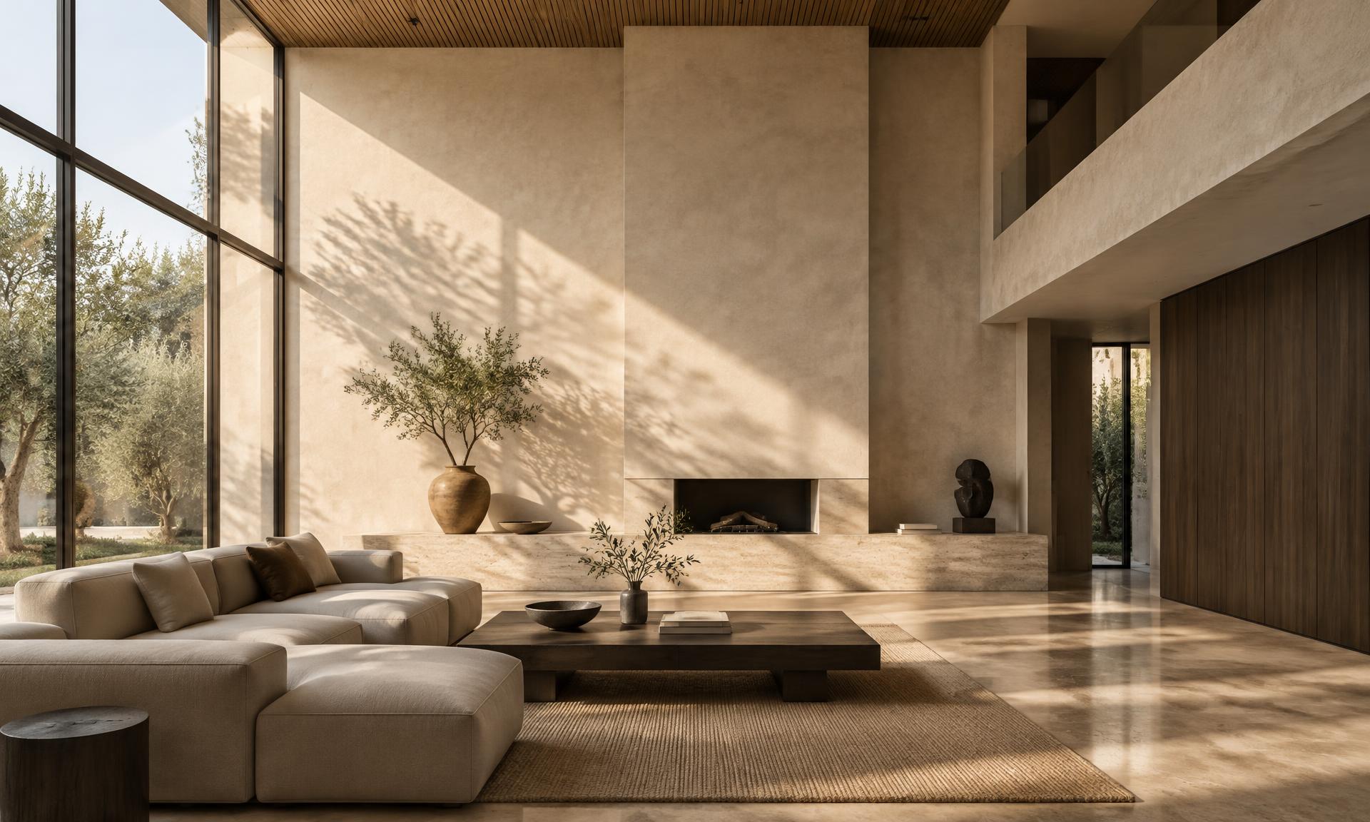 Double-height room with lime plaster, travertine and oak in soft morning light
