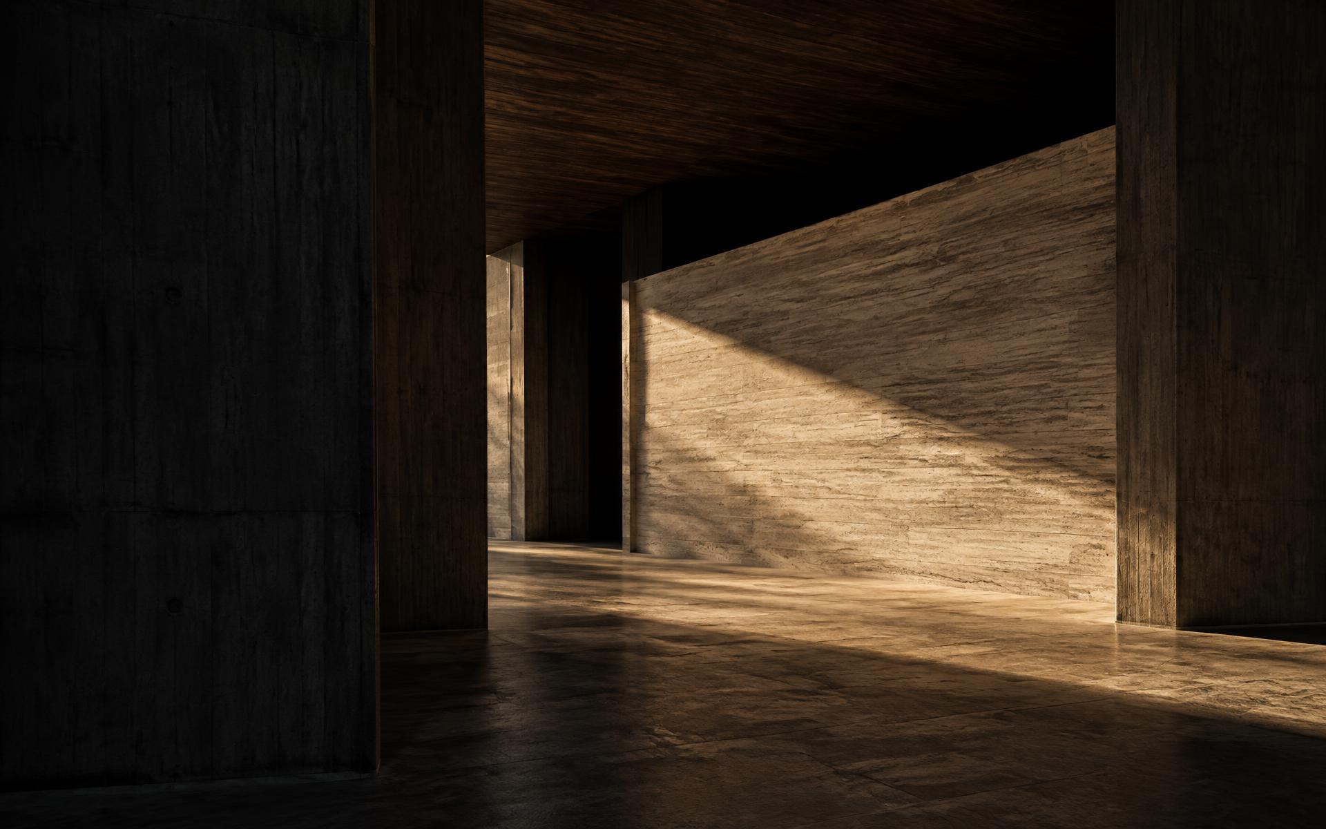 Board-formed concrete colonnade with a shaft of low sunlight across a travertine wall