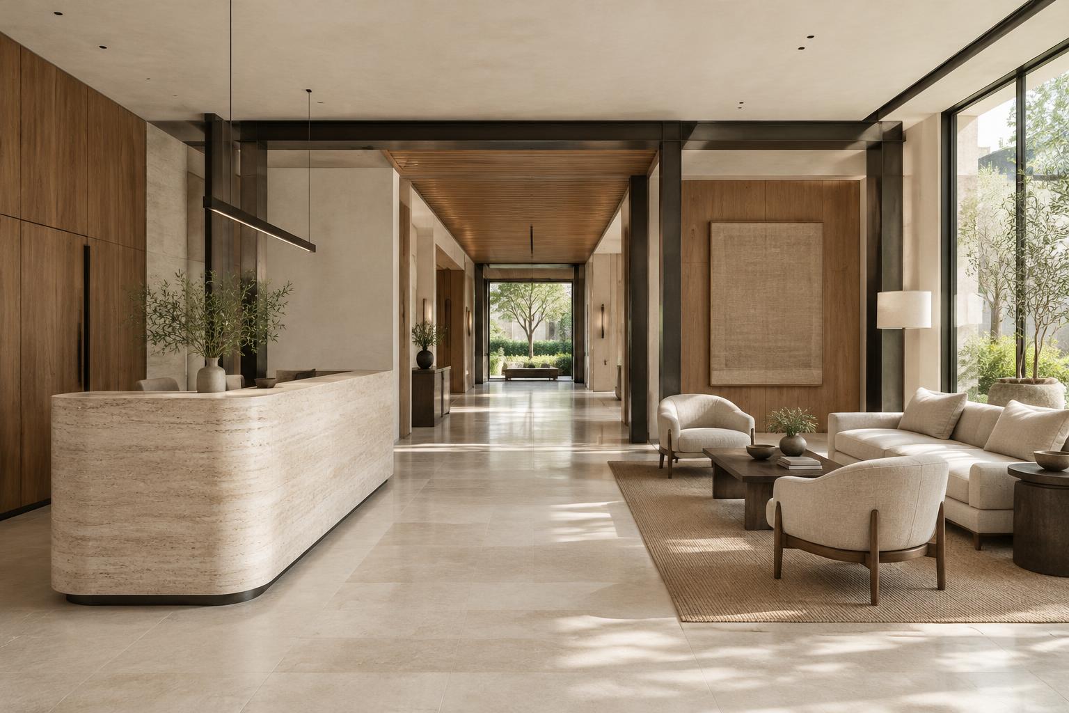 Conceptual hospitality visualisation with a sculptural stone reception and carefully planned lounge